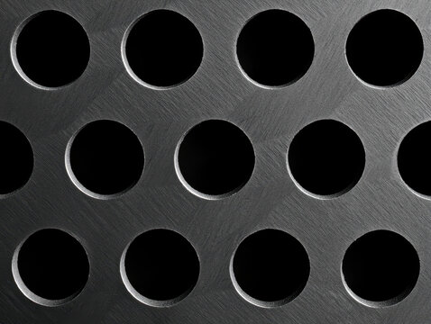 Metal texture close up shot of perforated aluminum plate showcasing circular holes, creating striking visual pattern