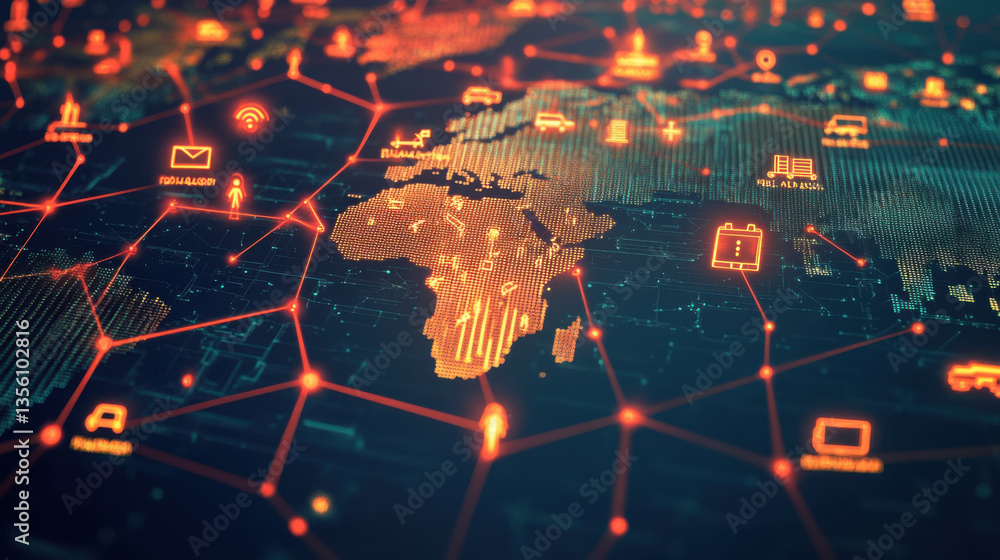 Poster digital map of africa is illuminated with glowing icons representing global supply chain elements li