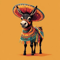 Cute donkey dressed in colorful traditional attire with a sombrero against a vibrant orange background