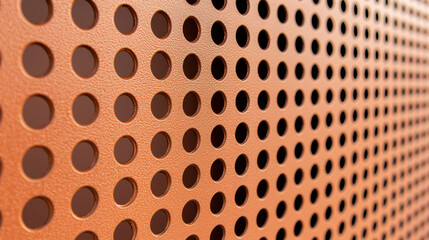 Perforated steel panel with close up view showcasing precise circular holes, creating unique texture and pattern