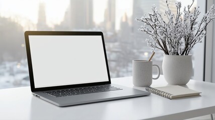 Fototapeta premium A modern workspace featuring a laptop, mug, and a potted plant, perfect for remote work or study.