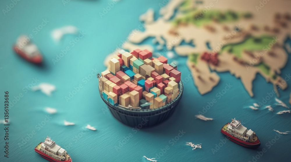 Poster miniature model of global supply chain is depicted with tiny ships and containers on map background,