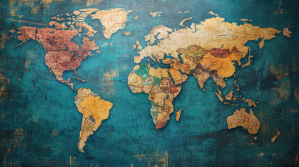 vintage style world map with aged texture and vibrant colors highlights continents and countries, evoking sense of exploration and history
