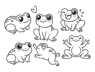 Set of cute frogs in various poses with hand-drawn vector illustrations. Doodle line art style, isolated and easy to use for creative projects and designs.