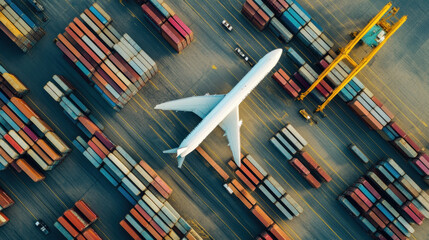 Obraz premium Aerial view of cargo plane amidst colorful shipping containers at industrial port, showcasing global supply chain logistics. scene highlights transportation and trade efficiency