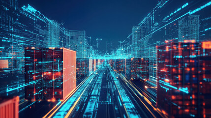 Fototapeta premium high tech digital concept of global supply chain network is depicted with glowing lines and containers, illustrating futuristic logistics and connectivity in cityscape