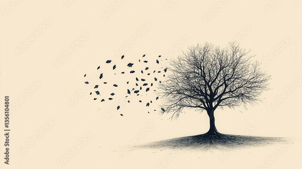 Poster abstract artwork of a leafless tree with floating leaves illustrating change and transition in natur