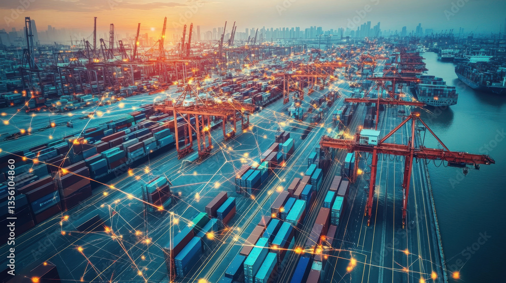 Poster bustling port with numerous shipping containers and cranes is depicted, illuminated by network of gl