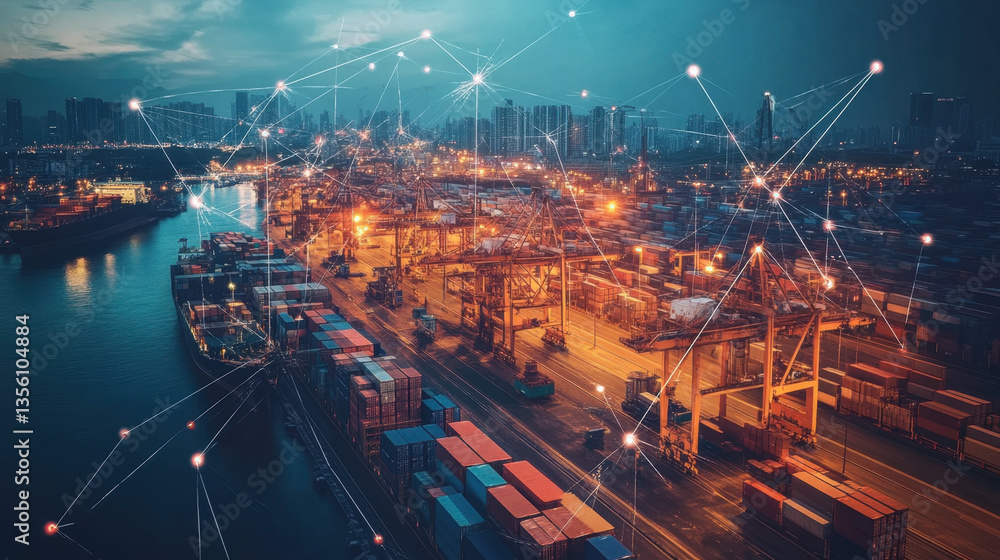 Poster bustling port at night showcases interconnected global supply chains with illuminated cranes and shi