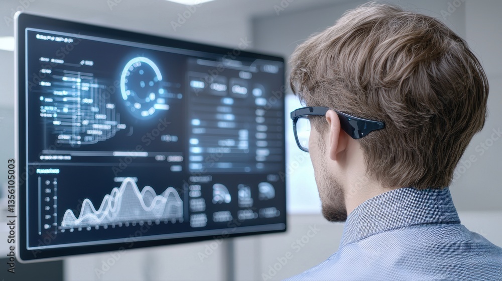Poster a person analyzes data on a futuristic screen, showcasing advanced technology and analytics in a mod