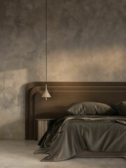 Interior of modern bedroom with brown walls, concrete floor, comfortable king size bed and lamp. 3d render
