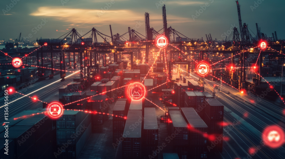 Poster bustling port at dusk showcases global supply chain network with interconnected nodes symbolizing lo