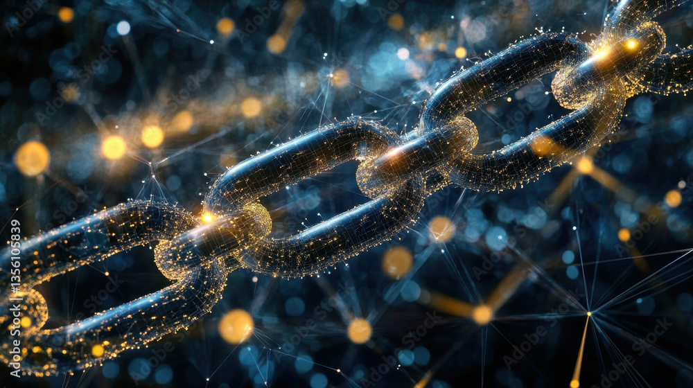 Poster glowing chain link is depicted in digital, futuristic style, symbolizing connectivity and strength. 