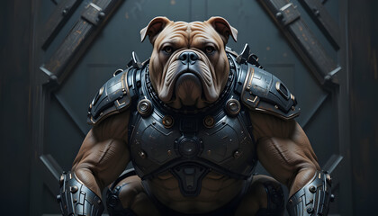 A heavily muscled bulldog sits in a commanding pose