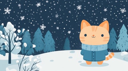 A charming cat, dressed in a blue winter outfit, enjoys the peaceful snowy forest surrounded by gentle falling snowflakes beneath a sparkling starry sky.
