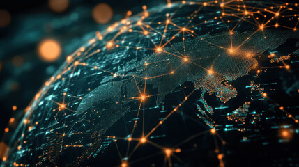 Obraz premium digital representation of global network with glowing connections illustrates interconnectedness of modern technology and communication. image highlights complexity and vastness of global data