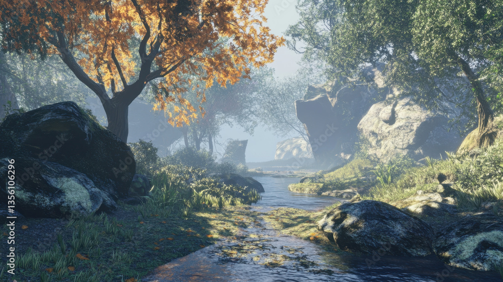 Poster serene forest scene with gentle stream flowing through lush greenery and autumn colored trees, creat