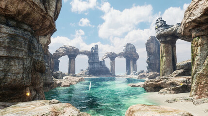 serene coastal landscape features ancient stone arches and clear turquoise waters under bright blue sky, evoking sense of tranquility and timelessness