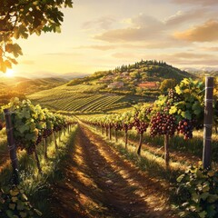 Naklejka premium realistic image of a vineyard on a hillside, rows of grapevines heavy with ripe fruit, soft golden light, and picturesque rural scenery