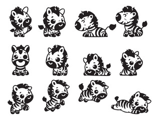 Set of cute zebra in various poses with hand-drawn vector illustrations. Doodle line art style, isolated and easy to use for creative projects and designs.