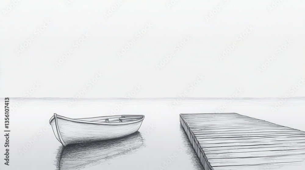 Poster serene minimalist scene featuring a single rowboat moored near a pier on a calm water surface in sof