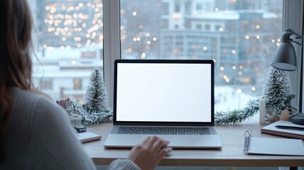 Obraz premium A person working on a laptop at a cozy desk by the window, with a view of the city at night.