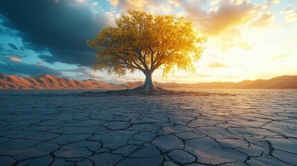 Majestic Tree Standing Alone in a Barren Landscape at Sunset