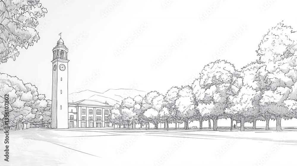 Poster Pencil Drawing of Architectural Building with Clock Tower Surrounded by Trees and Mountains in a Serene Landscape Setting