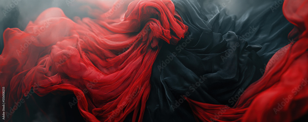 Poster a red and black fabric with a black and red pattern is displayed. the red fabric is flowing and the 