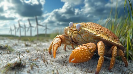 Sustainable Environment with Hermit Crab Near Wind Turbines