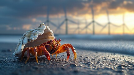 Sustainable Environment with Hermit Crab and Wind Turbines Background