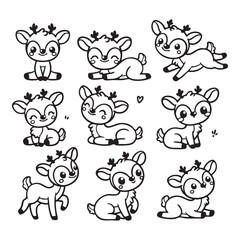 Set of cute deer in various poses with hand-drawn vector illustrations. Doodle line art style, isolated and easy to use for creative projects and designs.