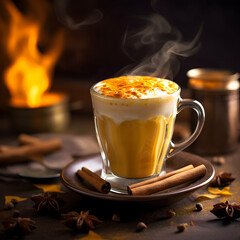 Steaming pumpkin spice latte in glass mug with cinnamon sticks and star anise on dark background.