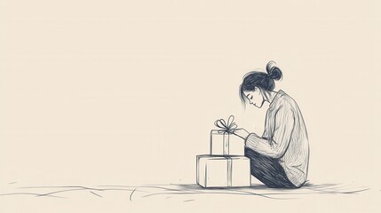 Young woman sitting beside beautifully wrapped gifts, contemplating joy and anticipation of surprises, captured in a minimalist sketch style illustration