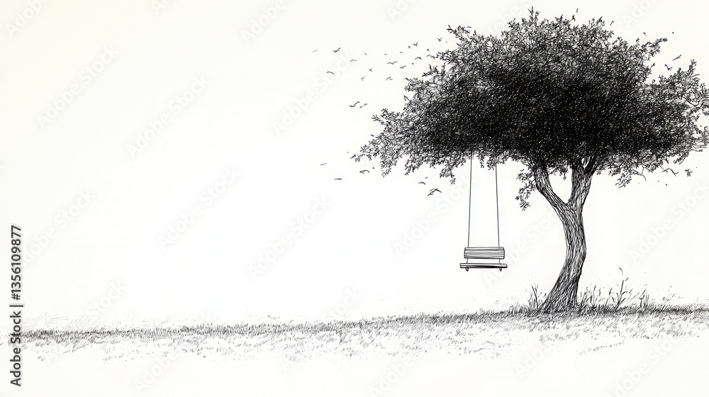 Poster tranquil landscape with a lonely swing hanging from a tree under a peaceful sky with birds in flight