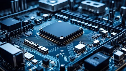 A detailed close-up a central processing unit (CPU) a vibrant blue circuit board, showcasing intricate technological details.
