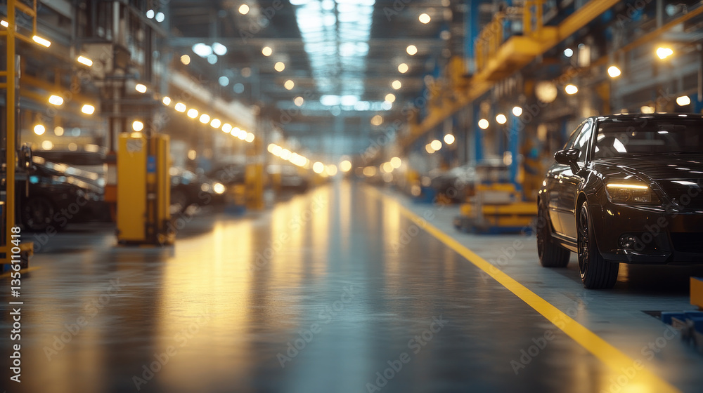 Poster a car is parked in a large, empty building with yellow lines on the floor. the car is black and shin