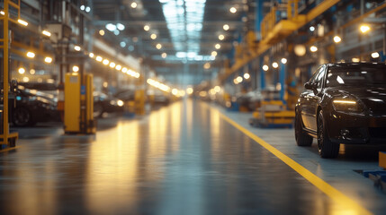 A car is parked in a large, empty building with yellow lines on the floor. The car is black and shiny, and it is the only object in the scene. The building is empty