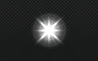 White starburst light effect, digital design.  Bright center, radiating lines.  Transparent background, overlay for images.