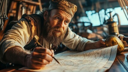 Navigator Plots Course on Ancient Ship with Map and Tools
