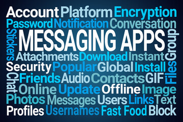 Messaging Apps Word Cloud on Blue Background