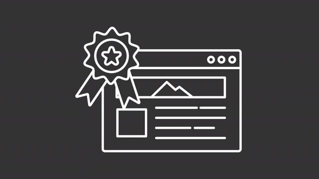 Website ranking white line animation. Webpage with medal animated icon. Top position in search engine results. Isolated illustration on dark background. Transition alpha video. Motion graphic