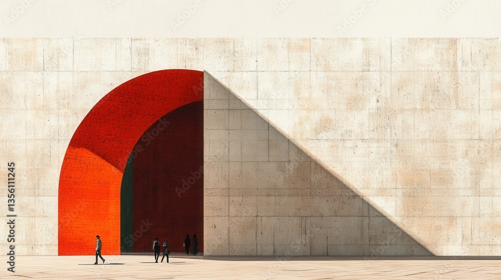 Poster modern architectural structure with bold red archway and minimalist design in urban setting