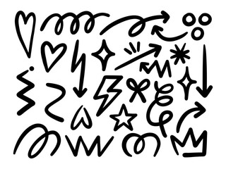 Playful Bold Doodle Symbol Marker Line. A collection of 30 hand drawn bold doodle elements. Perfect for social media, planners, scrapbooks, stickers, or playful design accents