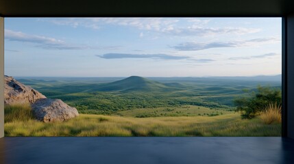 Vast green landscape under a clear sky with distant hills viewed from a modern architectural space