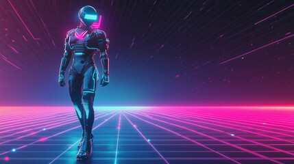 Humanoid figure in high-tech armor standing on glowing neon grid under illuminated sky