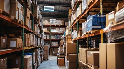 Obraz premium Large Warehouse Interior Filled with Packed Boxes and Shelving