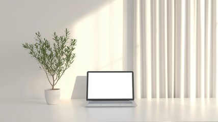 Fototapeta premium A serene workspace featuring a laptop, indoor plant, and soft natural light filtering through white curtains.