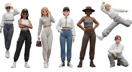 Obraz premium Casual Character Collection 3D Illustration with Diverse Poses and Fashion Styles � Everyday and Streetwear Fashion Concepts