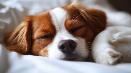 Fluffy Dog Taking a Nap on a Soft White Background